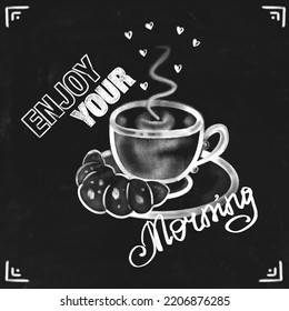 Croissant And Cup Of Hot Coffee Drawn In Chalk On A Blackboard. Decorative Banner For Coffee Shops, Coffee House. Menu For Coffee Shops. With A  Text 