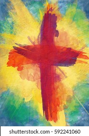 Cross Of Bloody Red On Bursting Light Rays. Abstract Artistic Lent Or Easter Christian Religious Background