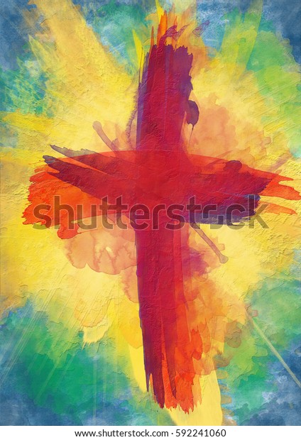 破裂しそうな光線の上に血の赤い十字架抽象的な芸術的な四旬節または復活祭のキリスト教の背景 のイラスト素材