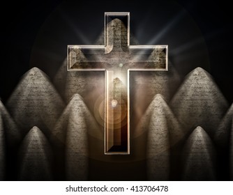 Cross in the center of the holy Scriptures, 3D illustration