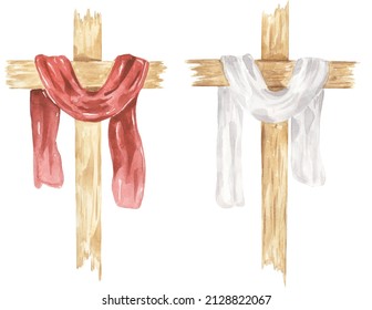 Cross Clipart  Watercolor Christian wooden cross With Red   white Cloth  Baptism Cross clip art set  Wedding invites  Holy Spirit  Religious illustration 