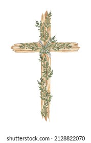 Cross Clipart  Watercolor Christian wooden cross With greenery  Baptism Cross clip art set  Wedding invites  Holy Spirit  Religious illustration 