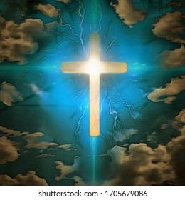Cross in the cloudy sky. 3D rendering - Powered by Shutterstock - Get 15% off with code: PIKWIZARD15