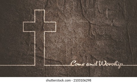 Cross and come and worship text in thin lines style