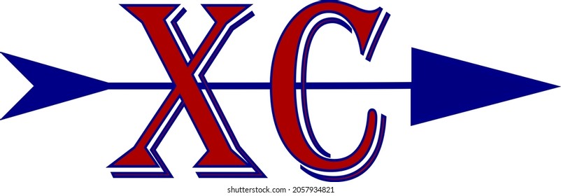 Cross Country Running Team Logo XC In Red With Blue Trim And A Blue Arrow Going Through The Letters.