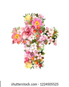 Cross With Flowers. Watercolor For Easter Design