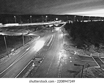 Cross Hatch Drawing Of An Aerial View Of The M62 At Junction 22, Calderdale, West Yorkshire, UK