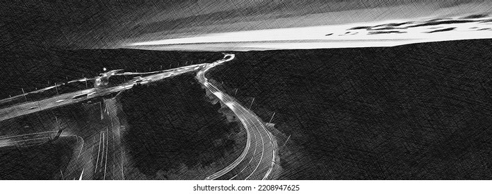 Cross Hatch Drawing Of An Aerial View Of The M62 At Junction 22, Calderdale, West Yorkshire, UK