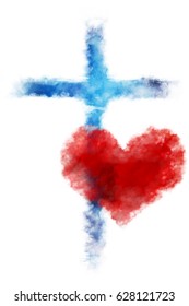 Cross With A Heart. Abstract Artistic Watercolor Style Digital Illustration Made Without Reference Image.