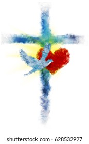 Cross with a heart and a dove - Holy Spirit. Abstract artistic watercolor style digital illustration made without reference image.