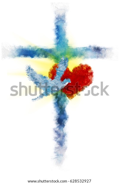 Cross with a heart and a dove - Holy Spirit.\
Abstract artistic watercolor style digital illustration made\
without reference\
image.