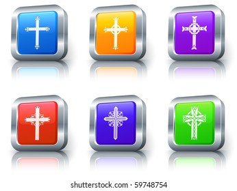 Cross Icons on Square Button with Metallic Rim Collection Original Illustration