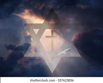 Cross Inside Star Of David In Sky