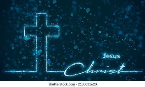 Cross and Jesus Christ name in thin lines style. Background from particles