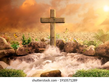 Cross Of Jesus Christ, Son Of God, In The Oasis Spouting Water For Eternal Life. Biblical Concept Of Christianity