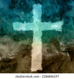 cross on blue-green and brown painted canvas texture in square format - Powered by Shutterstock