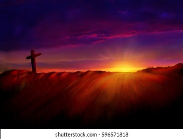 Cross on a hill at dawn. Dark abstract artistic watercolor style illustration of Calvary hill on Easter morning. 