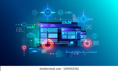 Cross Platform Website, App Design Development On Laptop, Phone, Tablet. Technology Of Create Software, Code Of Mobile Applications. Programming Responsive Layout Of Graphic Interface, Ui, Ux Concept.