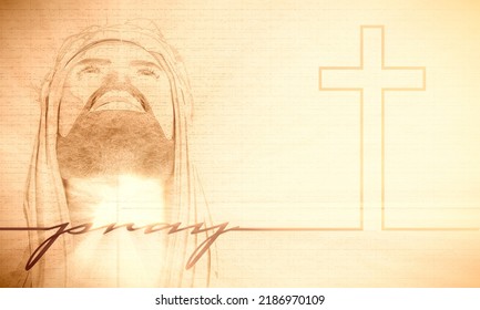 Cross And Pray Word In Thin Lines Style. Portrait Of Jesus Christ