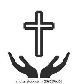 Cross and saving hands. Flat isolated Christian illustration, biblical background.