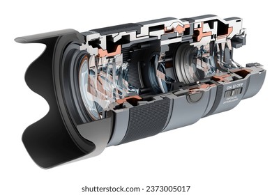 Cross section of camera lens view, 3D rendering isolated on white background - Powered by Shutterstock