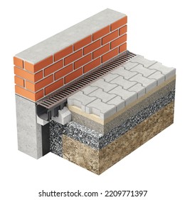 Cross Section Of Drainage System Concept With Channel Between Brick Wall And Pavement Blocks Isolated On White Background - 3D Illustration