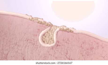 Cross section of an enlarged sagging pore filled with sebum. excess oil and fat accumulation on the skin surface. 3D illustration.