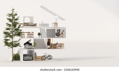 A cross section of a house. concept of work from home, goal of life, Work Life Balance with furniture used in daily life. in white and wood tones, realistic 3D render and illustration.