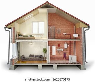Cross section of house, divided into renovated part and unfinished part with pipes, 3d illustration