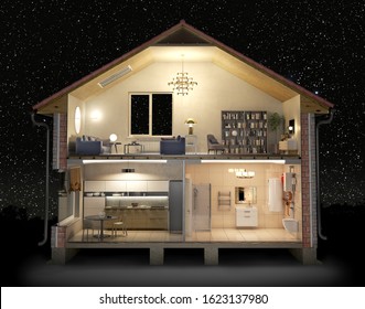 Cross Section Of House Full Of Light In The Night, 3d Illustration