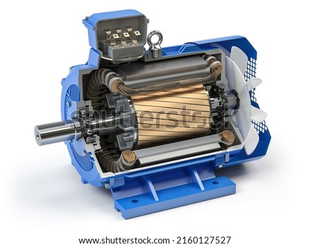 Cross section of Industrial electric motor. Electric motor parts and structure isolated on white background. 3d illustration Foto stock © 