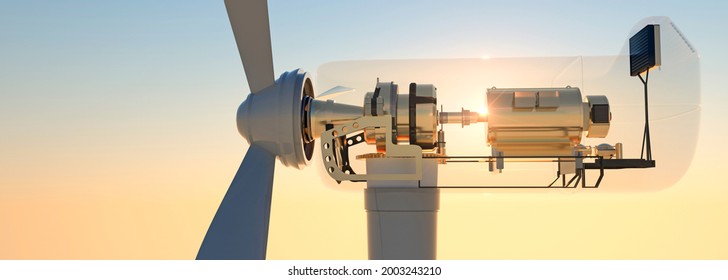 Cross Section Of Large Commercial Wind Turbine At Sunset 3d Render