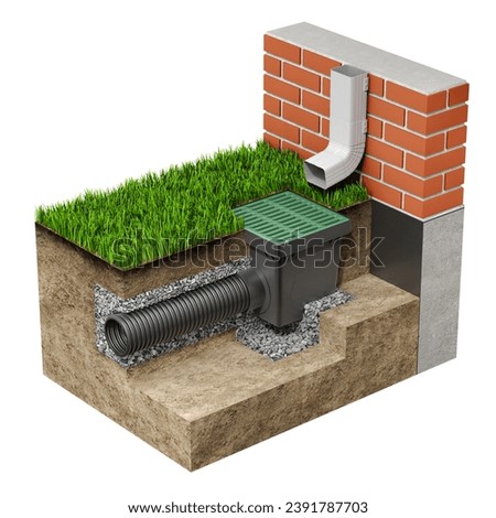 Cross section of sewer drainage system concept with catch basin and gutter isolated on white background - 3D illustration