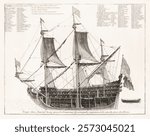 Cross section of a ship (1693 - 1708) by anonymous. Vintage black and white art drawing illustration, old painting art print on paper. Cruise ship structure, educational print.