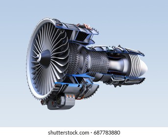 Cross section of turbofan jet engine isolated on light blue background. 3D rendering image.