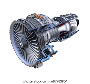 Cross section of turbofan jet engine isolated on white background. 3D rendering image with clipping path.