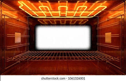 A cross section upclose view from inside an empty hot operational household oven looking towards the shut door - 3D render