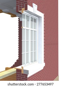 Cross Section Of Wooden Window With Double Glazing In Brick Wall Isolated On White
