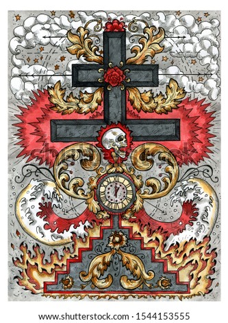 Cross with skull, waves and baroque patterns. Graphic engraved illustration. Fantasy and mystic drawing. Gothic, occult and esoteric background with spiritual symbols