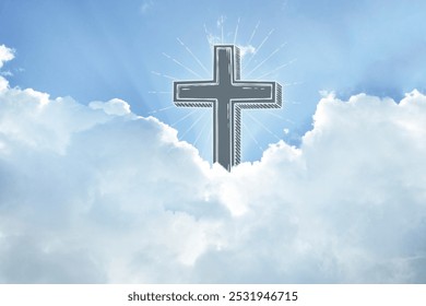 A cross in the sky, surrounded by clouds. The cross shines brightly, symbolizing faith and hope. Clouds and cross create a serene, spiritual scene. Christian cross in sky, heaven background.
