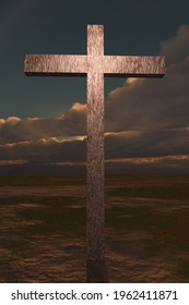 Cross In Surreal Landscape. 3D Rendering.