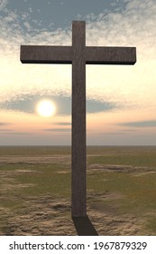 Cross In Surreal Landscape. 3D Rendering