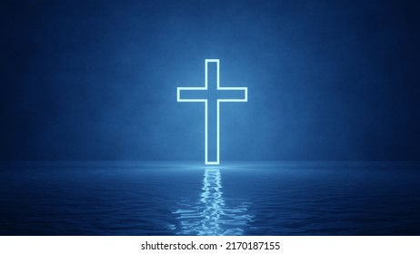 Cross symbol on water with neon lights in a night dark room with blue light emitting. This art shows the beauty of Christianity. it resembles heavenly environment.