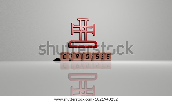 cross text of cubic dice letters on the\
floor and 3D icon on the wall, 3D\
illustration