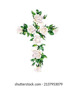 Cross with white roses. Religious Easter Symbol. watercolor illustration. Easter Sunday poster design elements for card, greetings. Isolated.