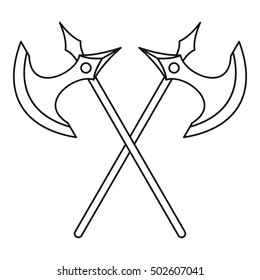 Crossed battle axes icon in outline style on a white background  illustration