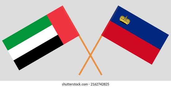 Crossed Flags Of Liechtenstein And The United Arab Emirates. Official Colors. Correct Proportion