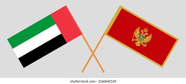 Crossed Flags Of Montenegro And The United Arab Emirates. Official Colors. Correct Proportion