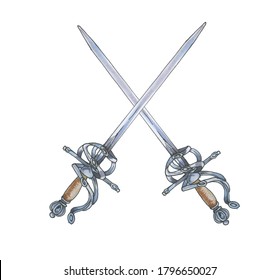 crossed old swords. Two swords with an ancient hilt isolated on a white background. Watercolor illustration. Historical fencing.