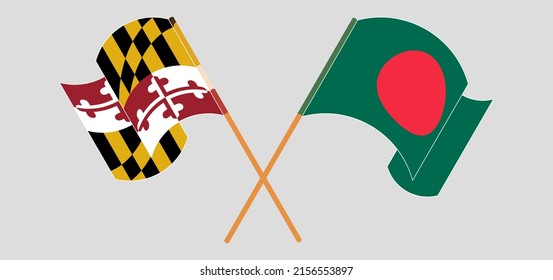 Crossed and waving flags of Bangladesh and the State of Maryland